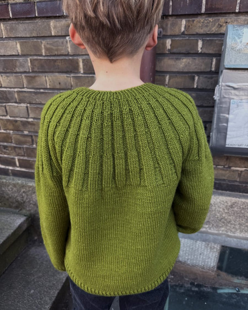 Dreng set bagfra med grøn Haralds Sweater