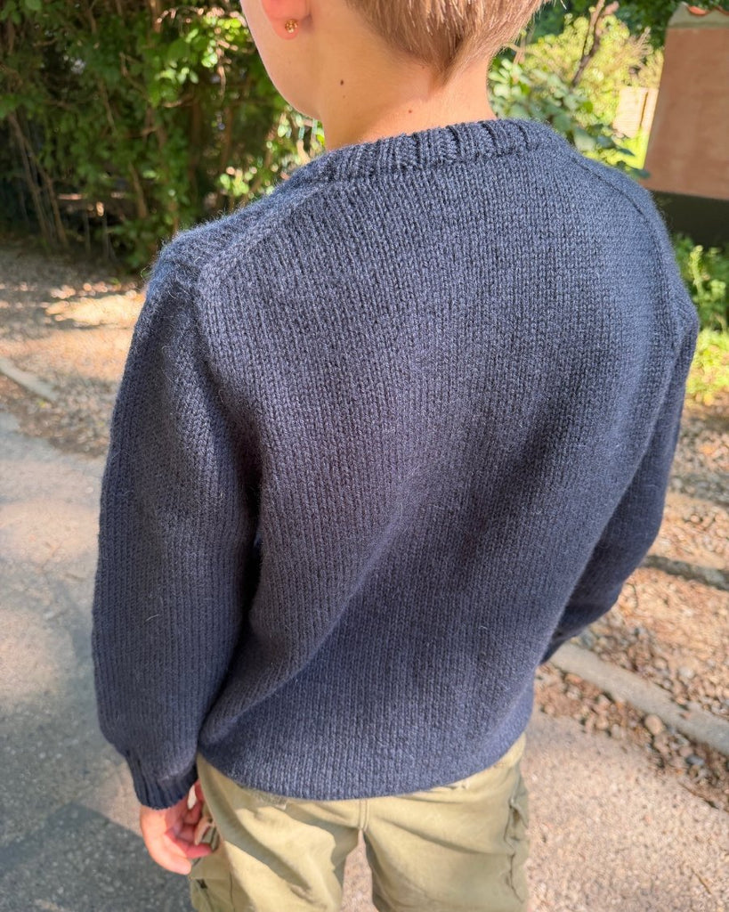 Dreng iført blå Niels Sweater Junior set bagfra